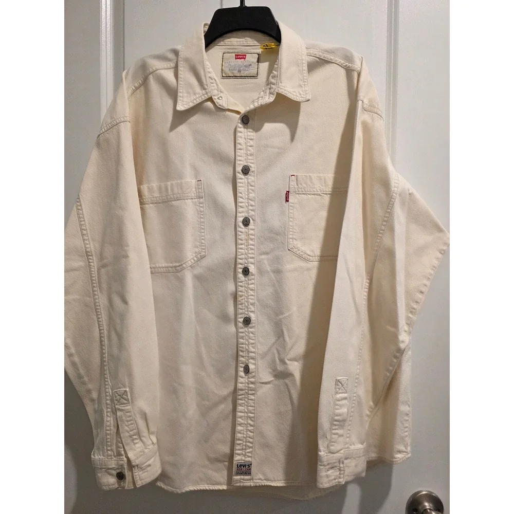 Men szXL Vintage 80s 90s Levis Red Tab Cream Denim Button Down Shirt 100% Cotton